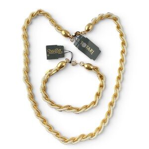 Vintage Trifari Faux Pearl Chain Link Goldtone Necklace & Bracelet Set
